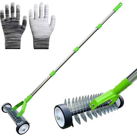 Scarificateur et aérateur de pelouse Manuel à Roues (166 cm). Poignée INOX réglable, élimine Mousse et Mauvaises Herbes. Outil Ergonomique pour Cours, pelouses et Joints de pavés. (1/5)