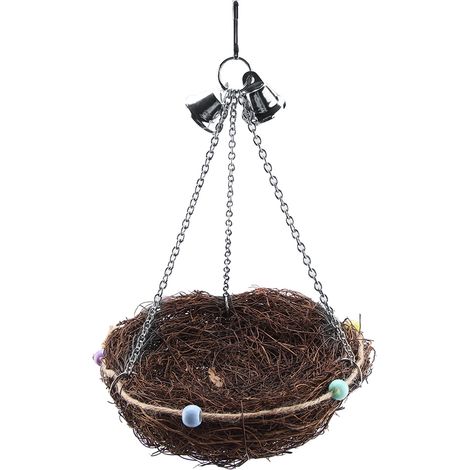 Nid en osier pour perrochet avec balançoire et clochettes, jouet suspendu (27 x 20 cm) (1/5)