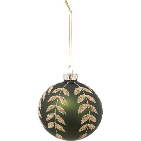 Déco Sapin Boule de Noël en Verre D 8 cm vert décor feuilles dorées pailletées - Feeric Christmas