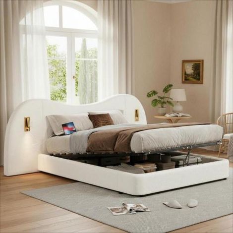 Modernluxe – Lit coffre rembourré 180x200 cm – Espace de rangement hydraulique – Spots rechargeables USB – Tissu bouclé blanc – Tête de lit rembourrée