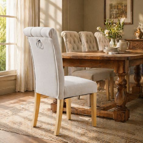 Chaises de salle à manger en velours, lot de 2, dossier capitonné, pieds en chêne, beige HAVRYA (1/5)
