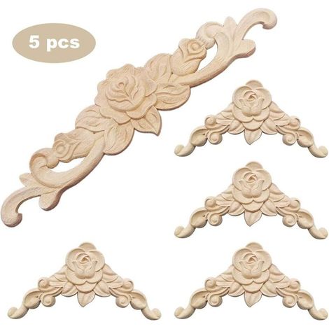 Moulure Decorative Bois 5 Pièces Sculpture Bois Moulure Décorative Bois Applique Moulure Rosace Decorative Floral Bois Sculpte Decal Sculpté d'angle Decoratif pour Décoration Meuble (1/3)