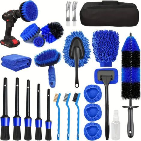 Kit de nettoyage automobile 26 pièces, brosses de finition, outil de nettoyage de pare-brise, kit de lavage pour l'intérieur et l'extérieur des roues (1/5)