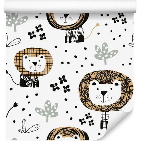 Papier peint Lions, Animaux, Arbres et Pois pour Salon et Chambre 50x1000 cm (1/5)