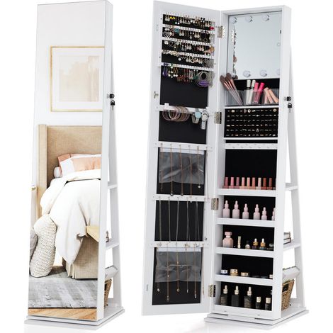 Organisation facile Armoire à bijoux miroir sur pied LED Base pivotante 360° pour cosmétiques Blanc (1/5)