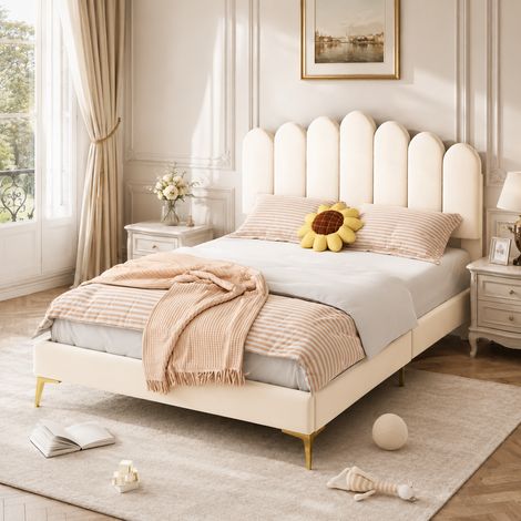 Lit capitonné 140×200 cm, tête de lit réglable, lit doouble, tête de lit rembourrée, style moderne, cadre de lit 140×200, pieds en métal, sommier à lattes, lit adultes, lit ados, Velours, Beige (1/5)