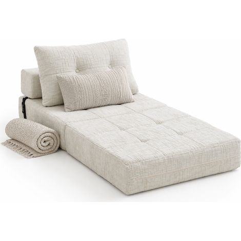 Sofá Cama Plegable 1 Plaza con Cojines Cervical y Lumbar, Respaldo Cómodo Tipo Suelo, en Chenilla Beige (1/5)