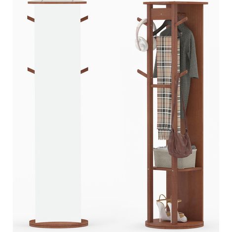 Full Length Mirror Coat Rack Solid Wood Standing Mirror with Clothes Hangers-Natural (1/5)