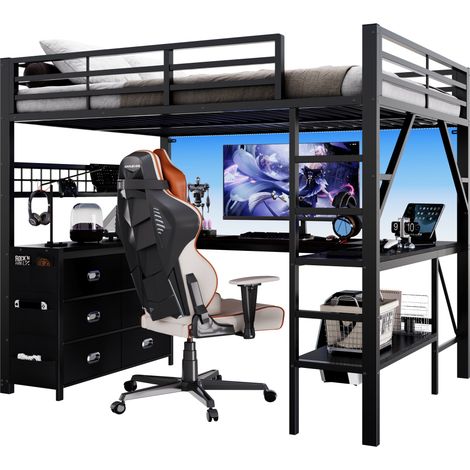 Lit mezzanine en métal 140x200 cm avec bureau en U, 6 tiroirs, étagères, penderie et LED, gain de place, noir (1/5)