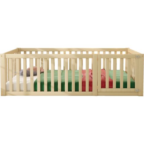 Lit enfant 90 x 200, cadre de lit en bois avec barrière et porte (1/5)