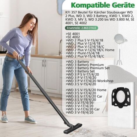 KFI 357 Lot de 16 sacs d'aspirateur pour Kärcher WD2Plus/WD3/KWD1/KWD2/KWD3/MV3/WD3.200-WD3.800M/SE4001/SE4002, remplace 2.863-314.0, pour aspirateur sec/humide avec disque en plastique (1/3)