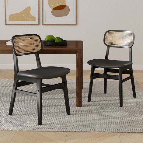 Wahson Lot de 2 chaises de salle à manger en bois avec coussin imperméable – Dossier en rotin tressé – Pieds en bois massif – Noir