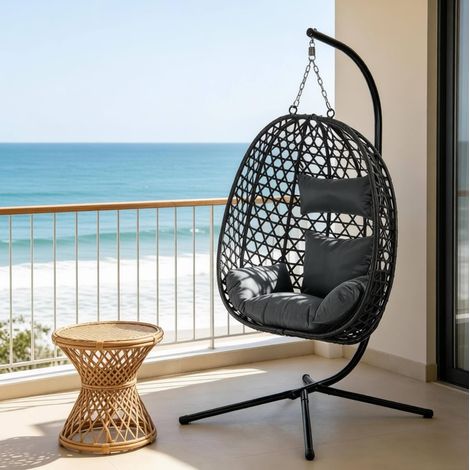 Chaise œuf suspendue avec support, réglable en hauteur, 105 x 105 x 195 cm, gris foncé HAVRYA (1/5)