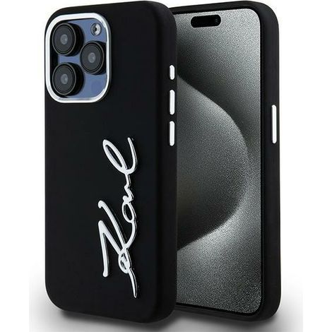 Funda de silicona con logotipo metálico de Karl Lagerfeld para iPhone 15 Pro Max, color negro. (1/5)