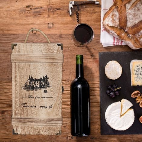 Coffret bois vin rouge 2 bouteilles transportable avec corde, rangement cadeau déco rétro, 35x20x10cm, 480g (1/5)