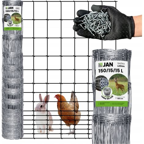Clôture en grillage forestier, hauteur 150/15/15 L, longueur 50 m, offerte pour les poules, les lièvres et les chevreuils.