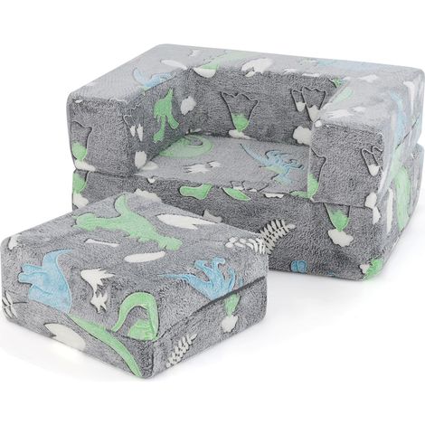 COSTWAY Divano Pieghevole per Bambini 5 in 1 Brilla al Buio, Poltrona Modulare con Cuscino, Fodera Lavabile in Lavatrice e Riempimento in Schiuma (Dinosauro Grigio)