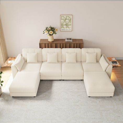 Divano angolare modulare U/L 6 posti, 2 pouf, ciniglia beige DESVIAE (1/5)