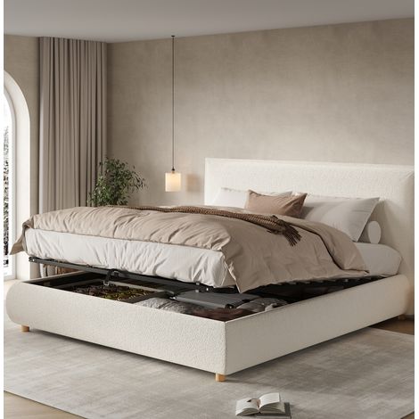 Cama doble tapizada moderna bouclé blanco 180x200 cm con cabecero, somier de láminas y arcón hidráulico