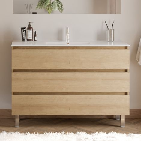 Meuble de salle de bain 120cm simple vasque - 3 tiroirs - sans miroir - nebraska (chêne clair) - MAYOR (1/4)