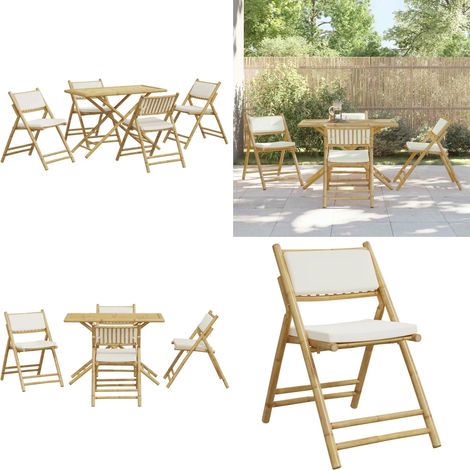 Ensemble de bistro pliante 5 pcs et coussins blanc crème bambou - Meubles De Jardin - Salon De Jardin - Mobilier Extérieur - Set De Bistro - Ensemble De Table Et Chaises - Home & Living (1/5)