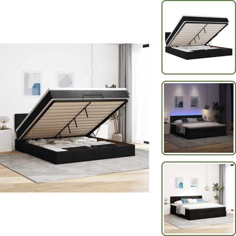 Cama con mecanismo hidráulico - vidaXL Cama otomana con colchón y luces LED tela negra 180x200cm - Cama con muelles ensacados