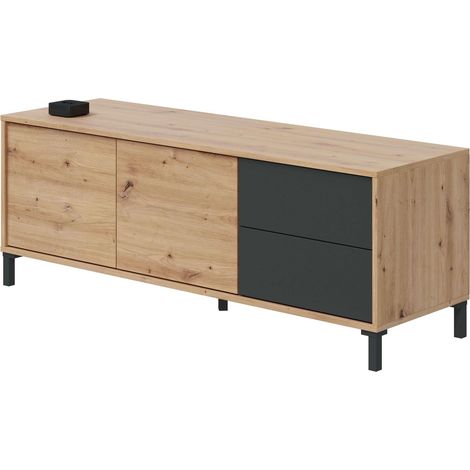 Meuble TV 2 Portes et 2 tiroirs Finition chêne « Nodi » et Gris Anthracite, Dimensions : 130 x 47 x 41 cm (l x H x P). (1/5)