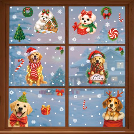 Autocollants chiots de Noël pour décorer les vitres, décorations d'ambiance de Noël, couronnes de fenêtre, boîtes cadeaux, autocollants statiques