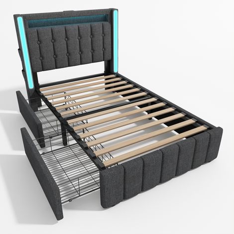 Polsterbett Leinen Grau 90x200 cm mit Matratze, LED-Beleuchtung, USB/Type-C und 2 Schubladen
