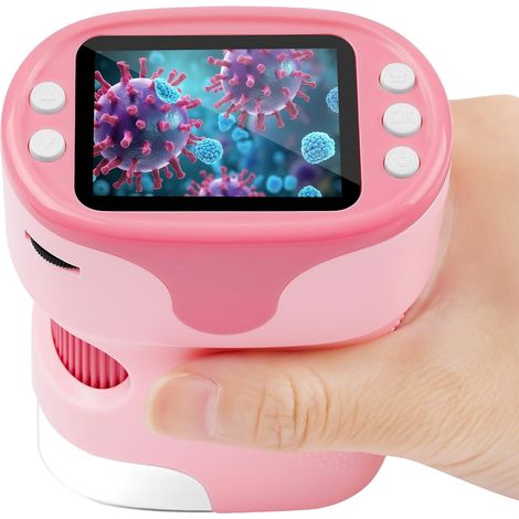 Mini Microscope de Poche 1000X, Microscope Numérique Rechargeable avec 6 Lumières LED, Écran 4K 2,0", microscope de Poche avec Set de Diapositives,Carte Mémoire 32G,Caméra microscopique(Rose) (1/5)
