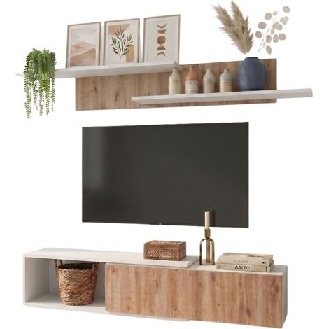 Mueble de salón, Comedor, Módulo TV + Estantes Kipi Módulos Extensibles de 143-220 cm Roble Cambrian y Blanco