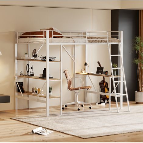 Bett Hochbett Schreibtisch 90x200 MDF Weiß HAVRYA (1/5)
