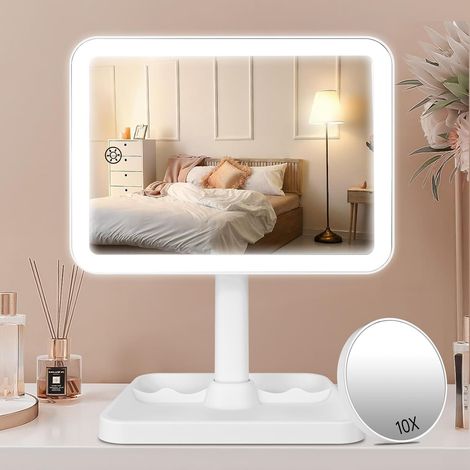 Miroir de courtoisie rechargeable avec lumières, miroir de courtoisie lumineux pour coiffeuse, salle de bain, bureau, miroir de voyage portable avec capteur tactile à intensité variable (1/5)