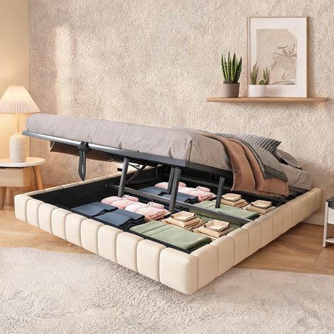 Cadre de lit beige en upholstered 201 x 181 x 31 cm (1/5)