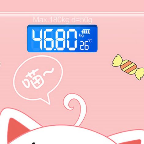 Digitale Waage mit gehärtetem Glas, präzise und intelligente Messung, ideal für den Heimgebrauch. Candy-Cat-LCD-Display, 26 x 26 cm (10,2 x 10,2 Zoll). Batteriebetrieben. (1/5)