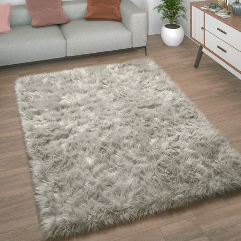 Paco Home Kunstfell Fellteppich Imitat Teppich Hochflor Sitzkissen Herzform Rund Fell Form Grau, 120 cm Rund