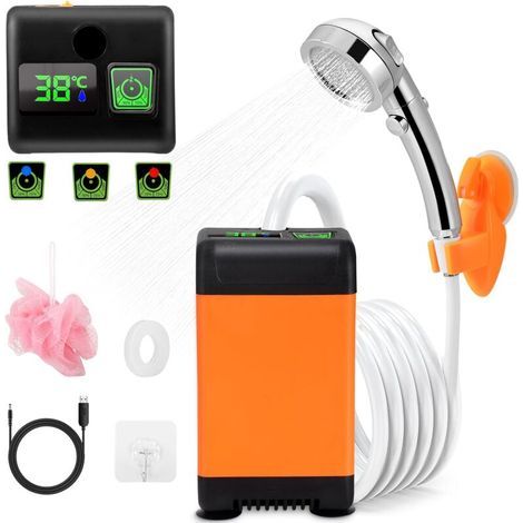 Portable Camping Shower, 6000mAh Rechargeable Electric Shower Pump with Intelligent Temperature and Adjustable Water Pressure for Outdoor