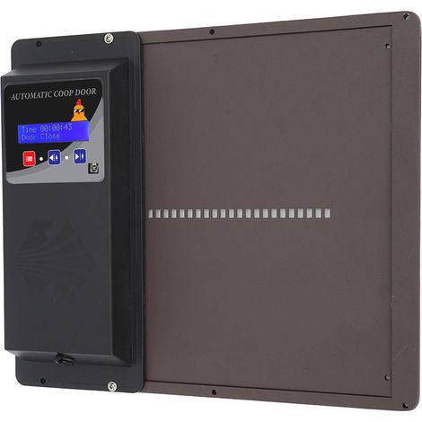 Ouvre-porte automatique pour poulailler horizontal, alimenté par batterie et USB, minuterie, capteur lumineux, télécommande, affichage LED, en fer, marron (1/5)