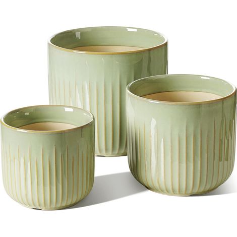 3er Set Blumentöpfe Keramik Salbeigrün mit Drainageloch, 14-21 cm (1/5)