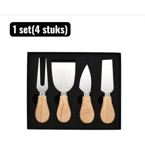 Ensemble de 4 couteaux à fromage avec coffret en bois de chêne et accessoires en acier inoxydable comprenant couteau à beurre pour plateau de fromages couleur argentée (1/5)