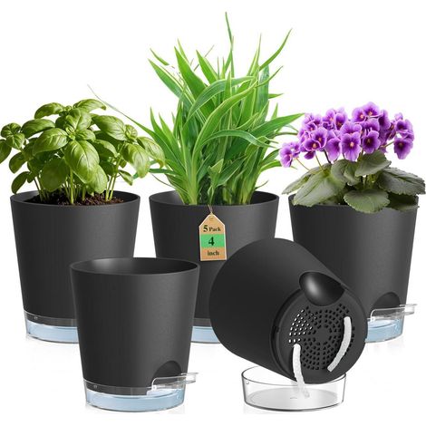 5er Set Selbstbewässerungstöpfe Ø 10 cm Schwarz mit Wasserstandsanzeige (1/5)