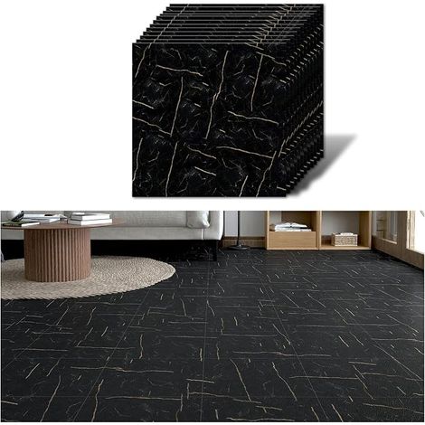 12 x Adhesive Floor Tiles Black Marble Tile Adhesive Floor Bathroom Tiles Kitchen Waterproof PVC Garage Stickers Living Room Tiles 1.5 mm 30 cm x 30 cm (1/5)