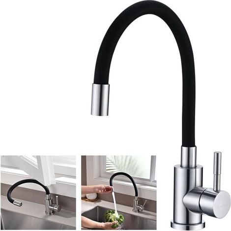 Robinet Cuisine Flexible, Mitigeur Cuisine Noir avec Bec Flexible, Robinet Evier de Cuisine, Robinetterie Cuisine, Mitigeur Evier Pivotant À 360°, Acier Inoxydable, Noir (1/4)