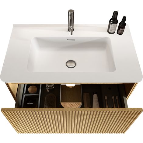 Mobile bagno sospeso 80 cm con lavabo in mineralguss color rovere, design a rilievi, preassemblato (1/5)