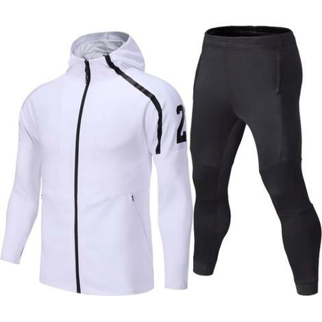 Ensemble sport homme 3XL blanc, survêtement d'entraînement longue manche, maillot de football et pantalon de jogging, tenue de running et fitness, pull à capuche sweat-shirt, lot de 3 pièces (1/5)
