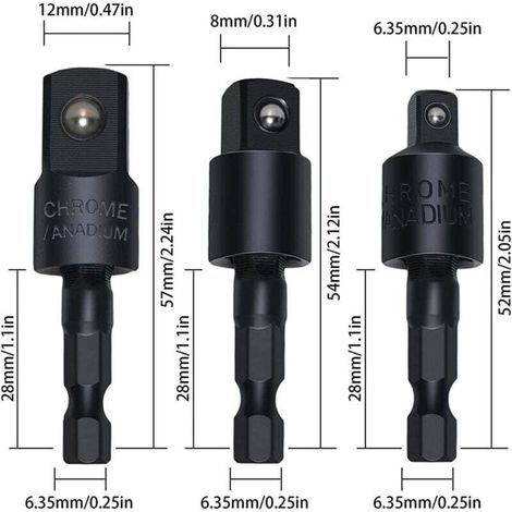 Set di prolunghe flessibili ad angolo retto per punte da trapano, da 1/4 di pollice, 3/8 di pollice, 1/2 pollice, adattatore per bussole a impatto girevole a 360°, adatto per cacciaviti, trapani e chi (1/3)