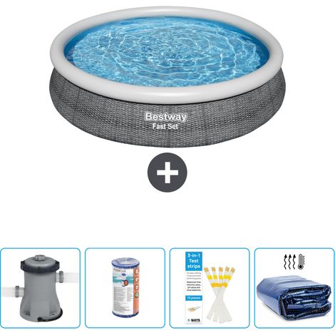 Piscine gonflable ronde Bestway à réglage rapide - Imprimé rotin - 366 x 76 cm - Comprend des Accessoires CB50 (1/4)
