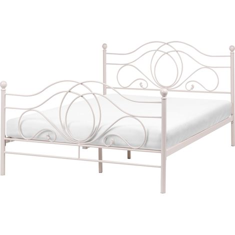 Bed Frame Light Beige Metal EU Double Size 4ft6 with Slatted Base Headboard and Footboard Retro Vintage LYRA (1/5)
