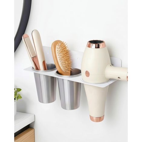 Support pour Sèche-Cheveux, Support 3-en-1 Sans Perçage, Support en Acier Inoxydable pour Sèche-Cheveux, Lisseur et Fer à Boucler, Porte-Sèche-Cheveux et Lisseur pour Hôtel Salle de Bain Blanc (1/5)