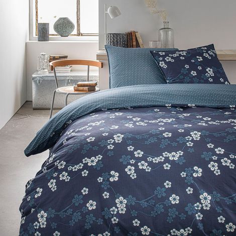 Parure de lit double réversible "Sunshine" en coton imprimé de petites fleurs - Bleu - 240 x 260 cm - Livraison gratuite (1/3)
